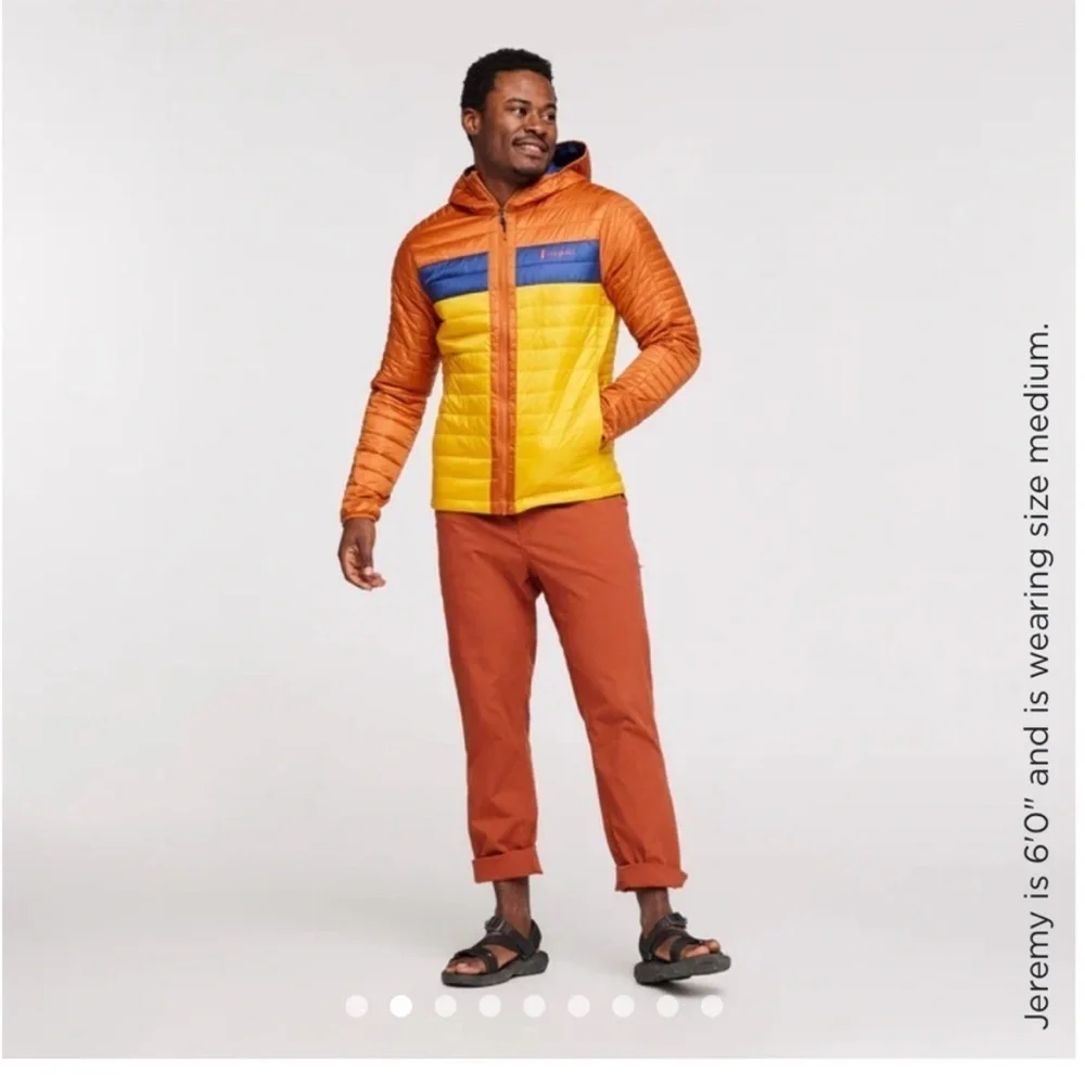 Cotopaxi Men's XL Capa Insulated Hooded Jacket Yellow Orange Mezcal NWT Puff